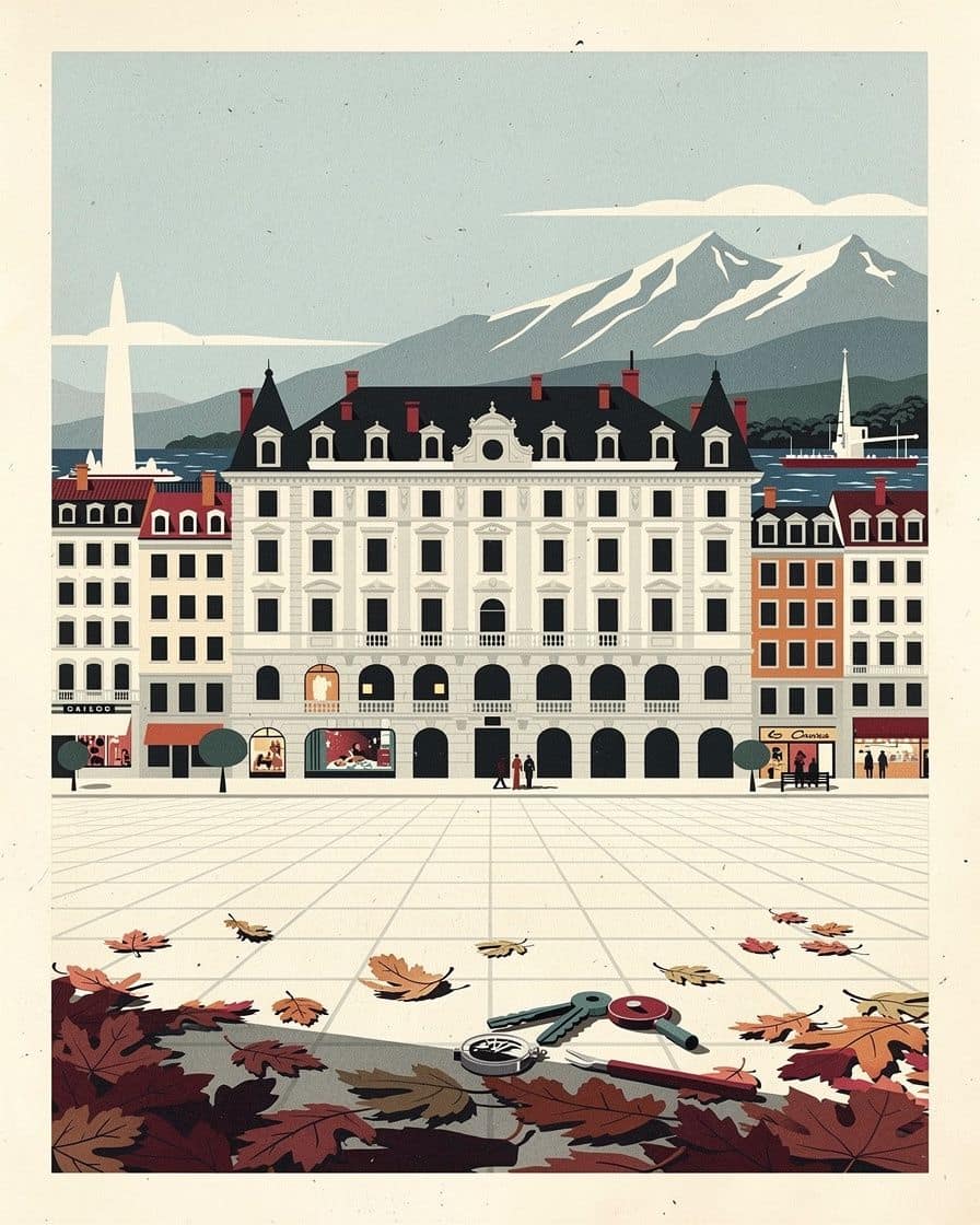Illustration&nbsp;: une place genevoise bordée de façades, avec des outils d'horloger au premier plan