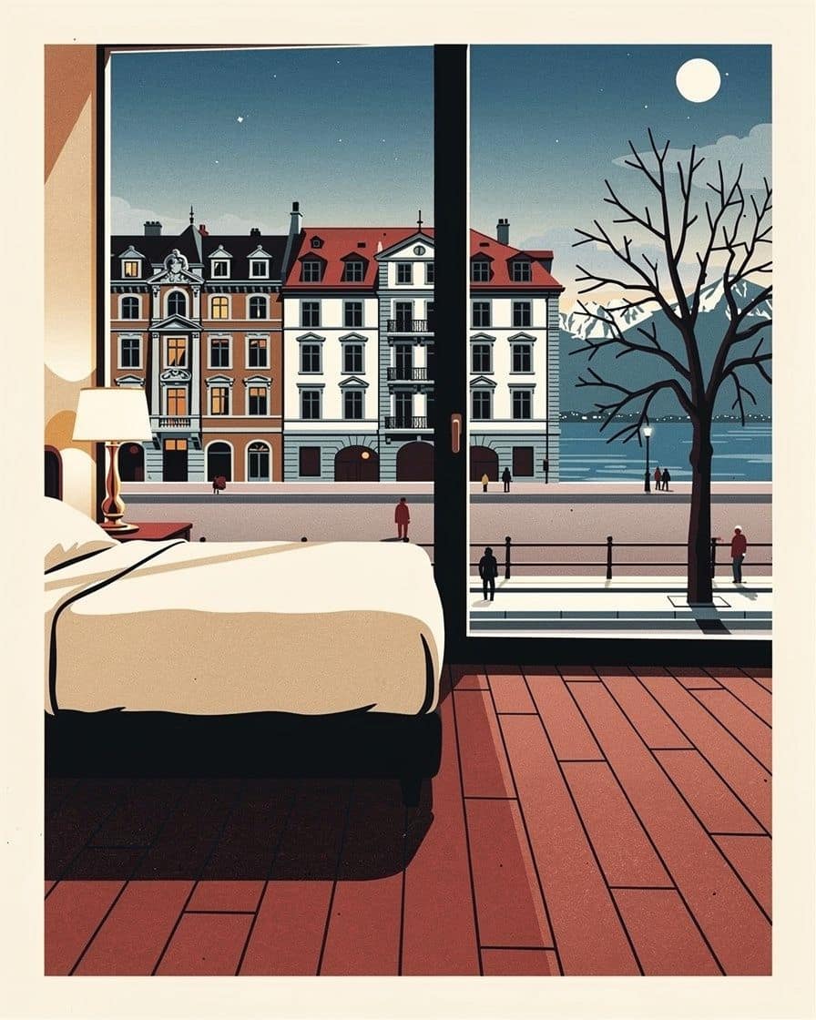 Illustration&nbsp;: une chambre d'hôtel avec un lit et une grande fenêtre sur une rue du centre