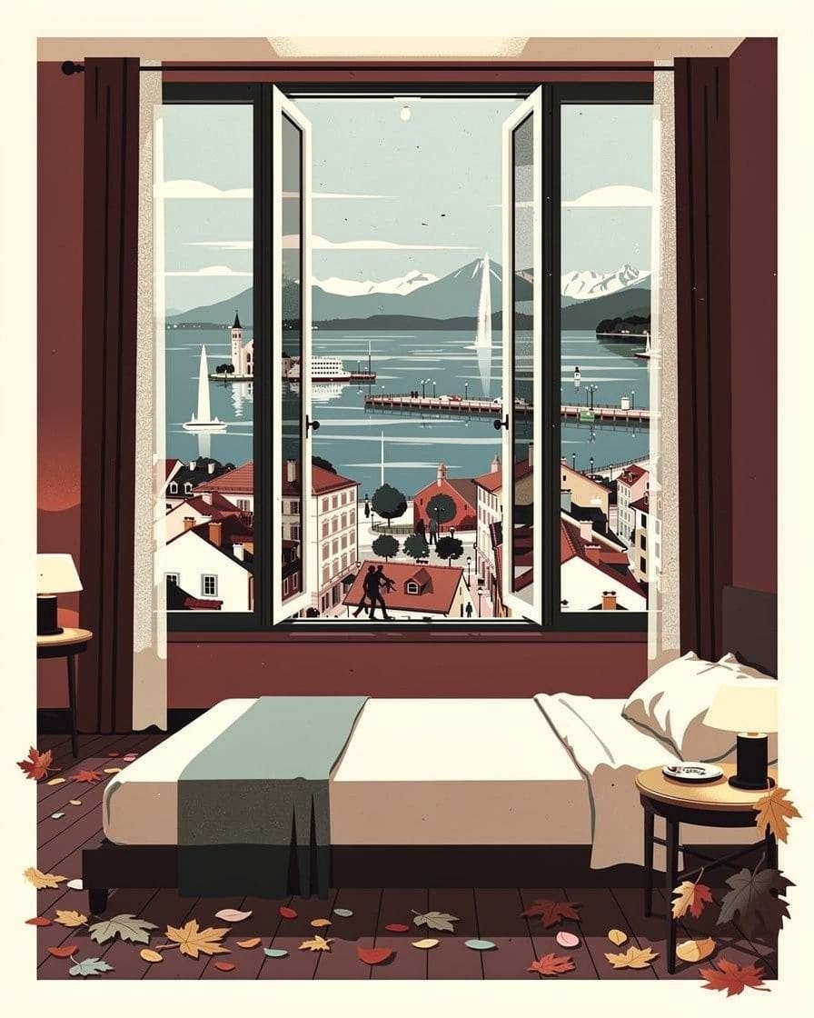 Illustration&nbsp;: une chambre d'hôtel avec une fenêtre ouverte sur les toits et le lac