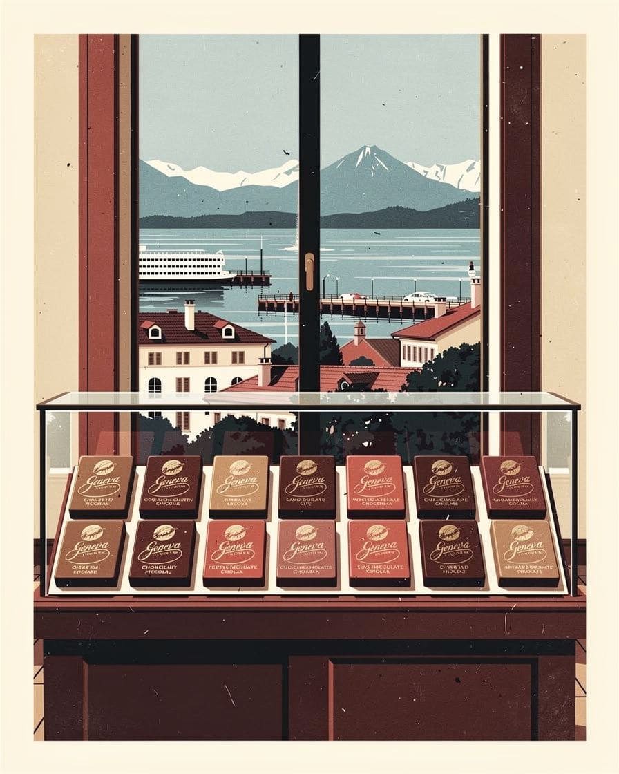 Illustration&nbsp;: une vitrine de tablettes de chocolat devant une fenêtre ouverte sur le lac