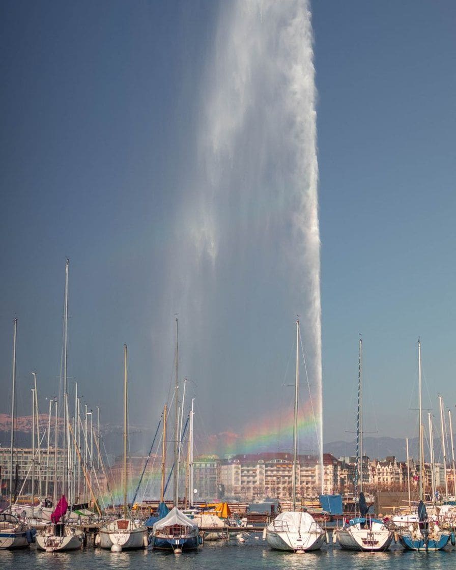 Le Jet d'eau et un arc-en-ciel au-dessus du port de plaisance de la rade de Genève
