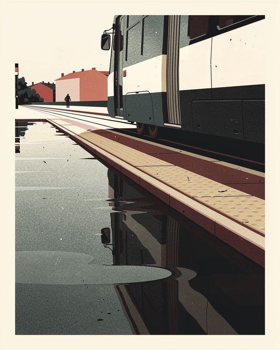 Illustration&nbsp;: un quai de gare au crépuscule, un train à l'arrêt