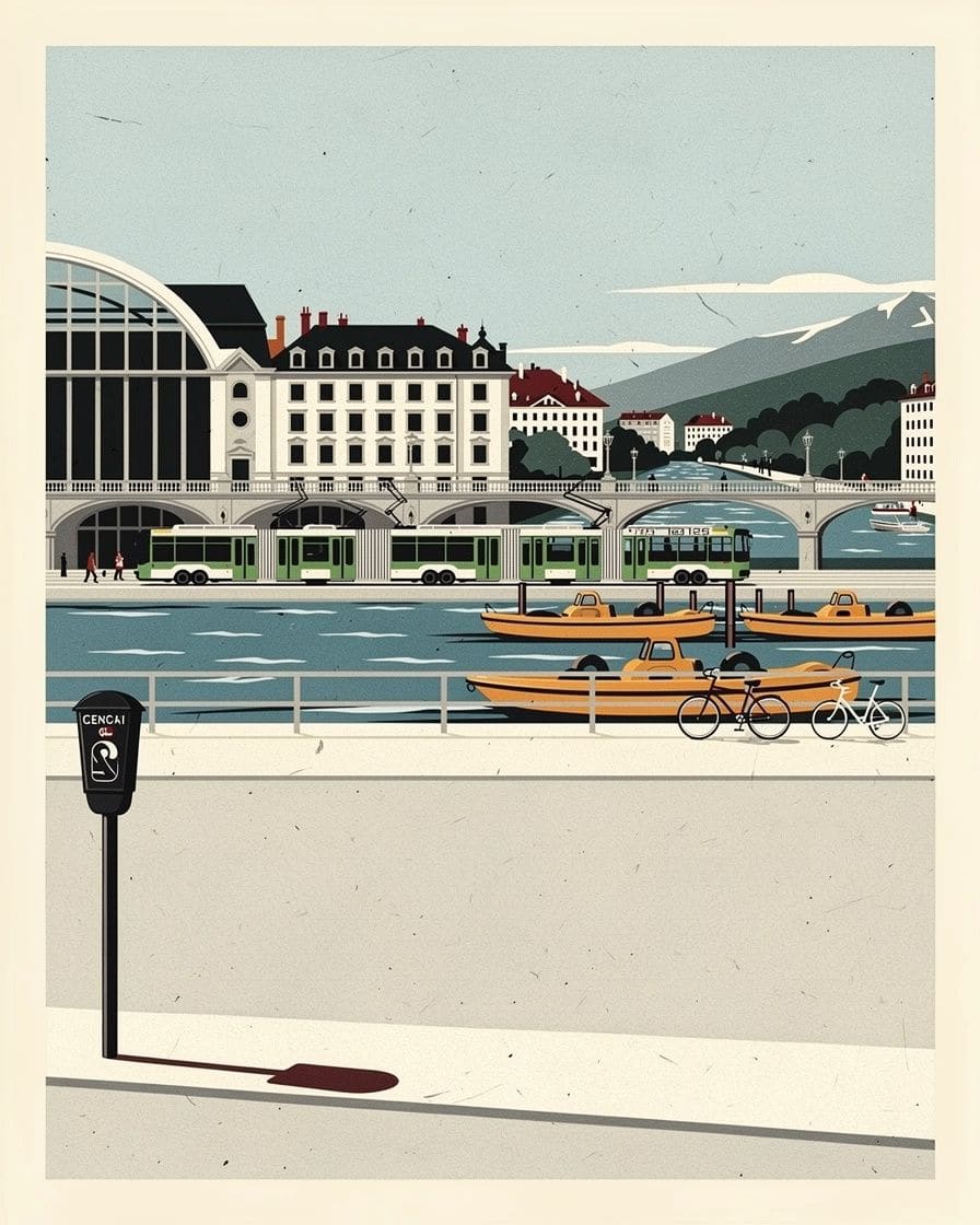 Illustration&nbsp;: un horodateur sur un trottoir, au bord du Rhône et de ses ponts