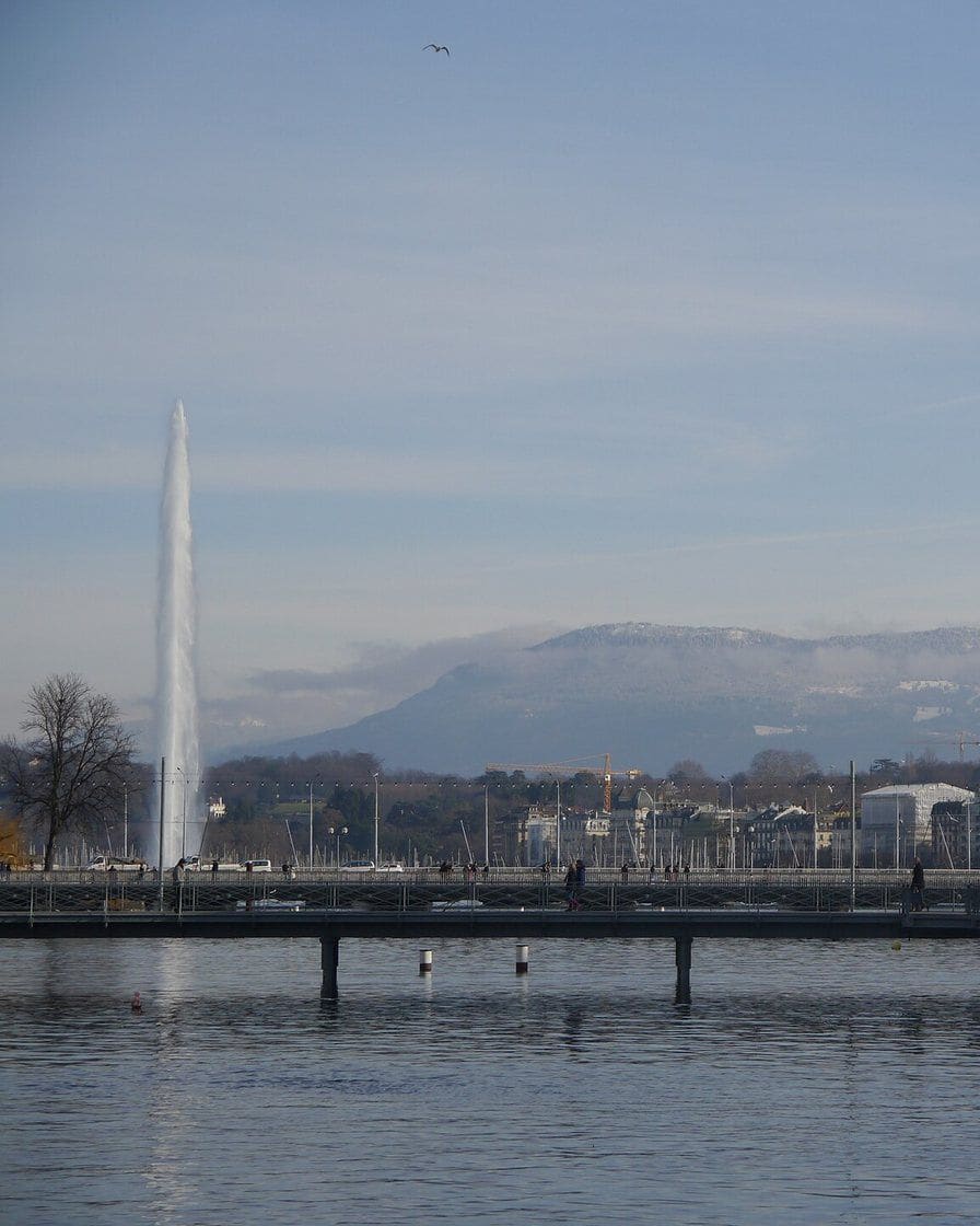Le Jet d'eau de Genève dans la brume d'hiver, la rade grise et les quais sous un ciel bas