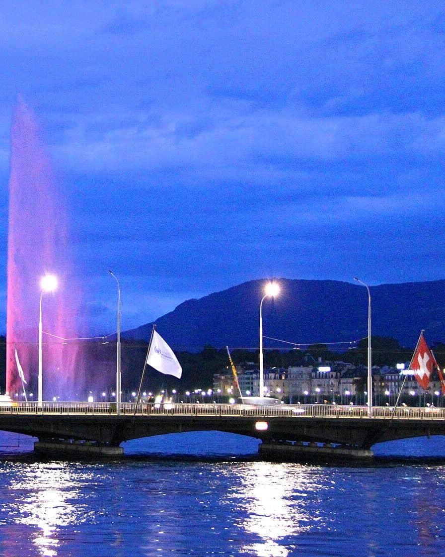 Le Jet d'eau de Genève illuminé le soir au-dessus de la rade, avec les lumières des quais qui se reflètent dans le lac