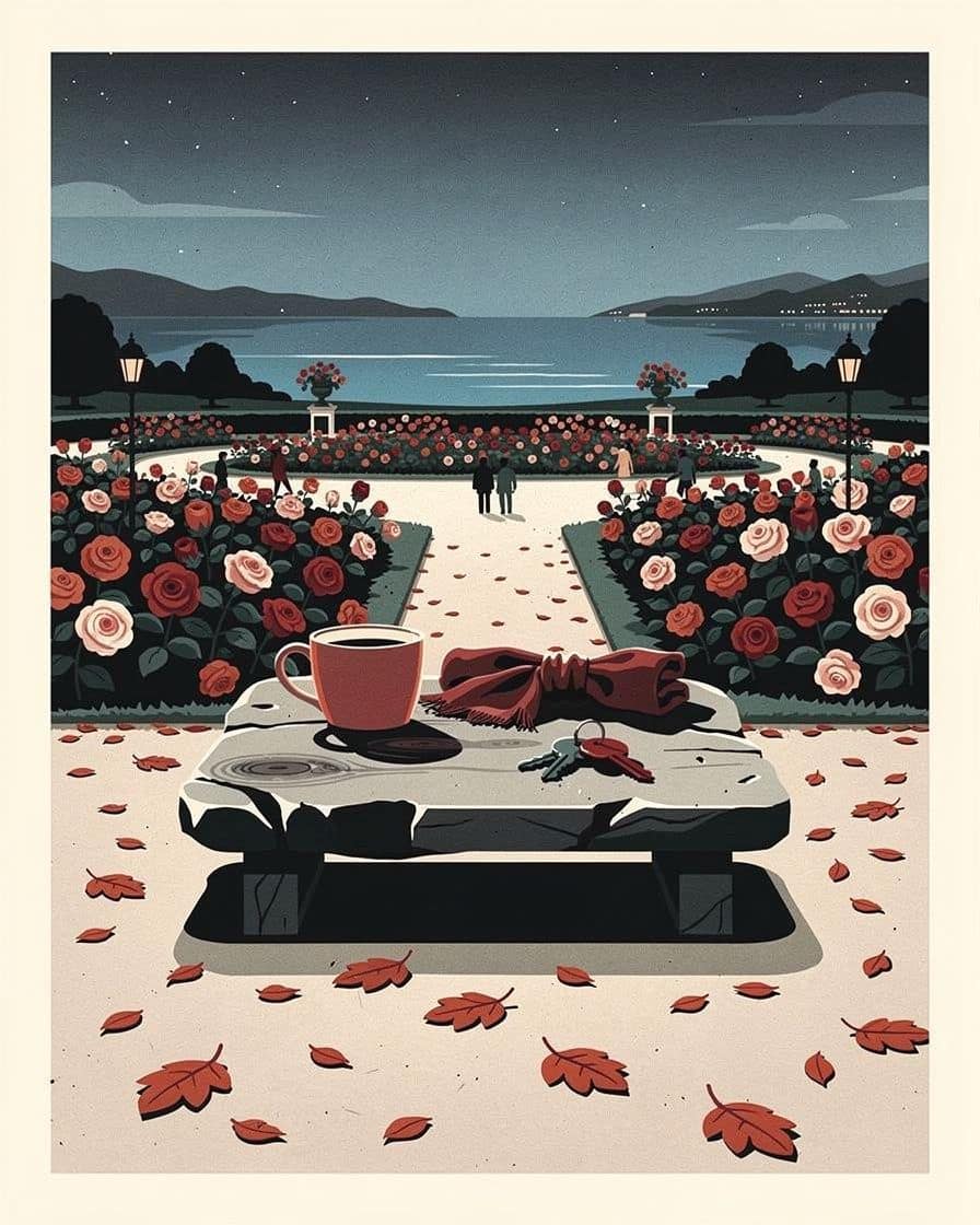 Illustration&nbsp;: une roseraie en fleurs au bord du lac, une table de pique-nique au premier plan