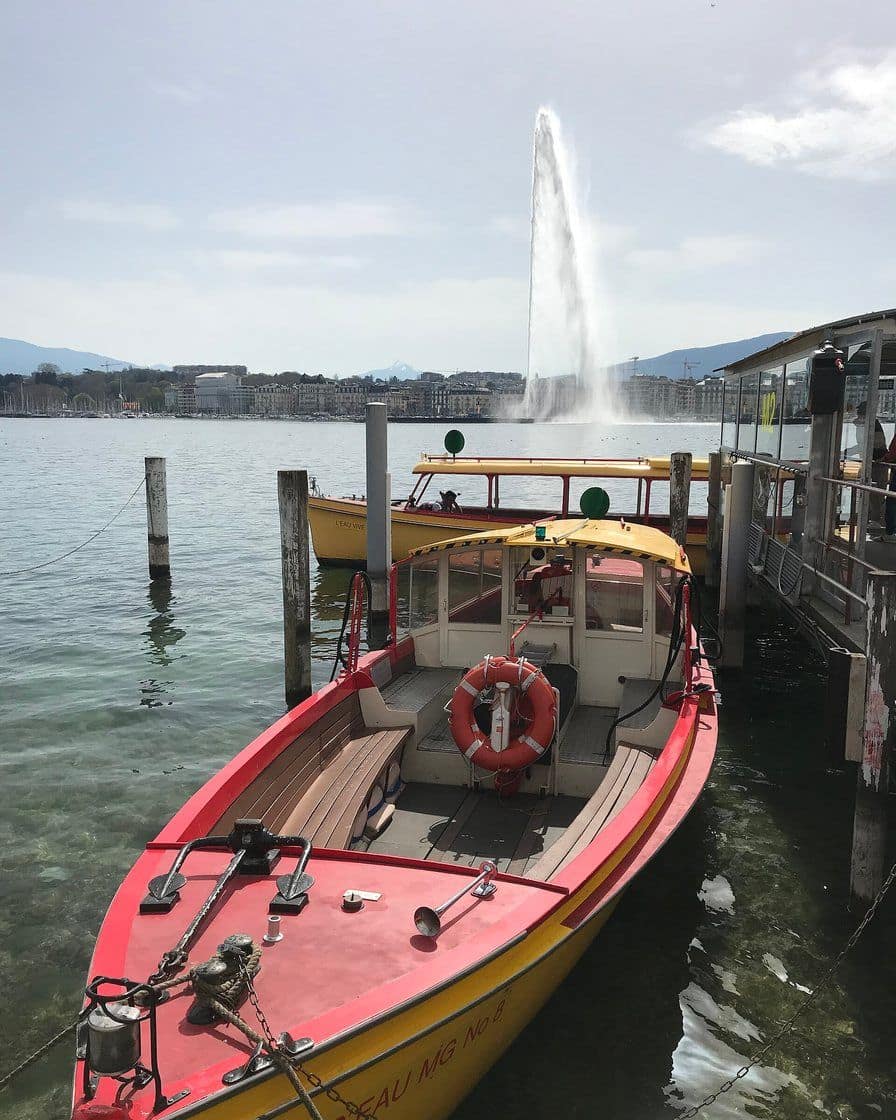 Une Mouette genevoise, petit bateau jaune de transport public, traverse la rade de Genève près du quai des Pâquis