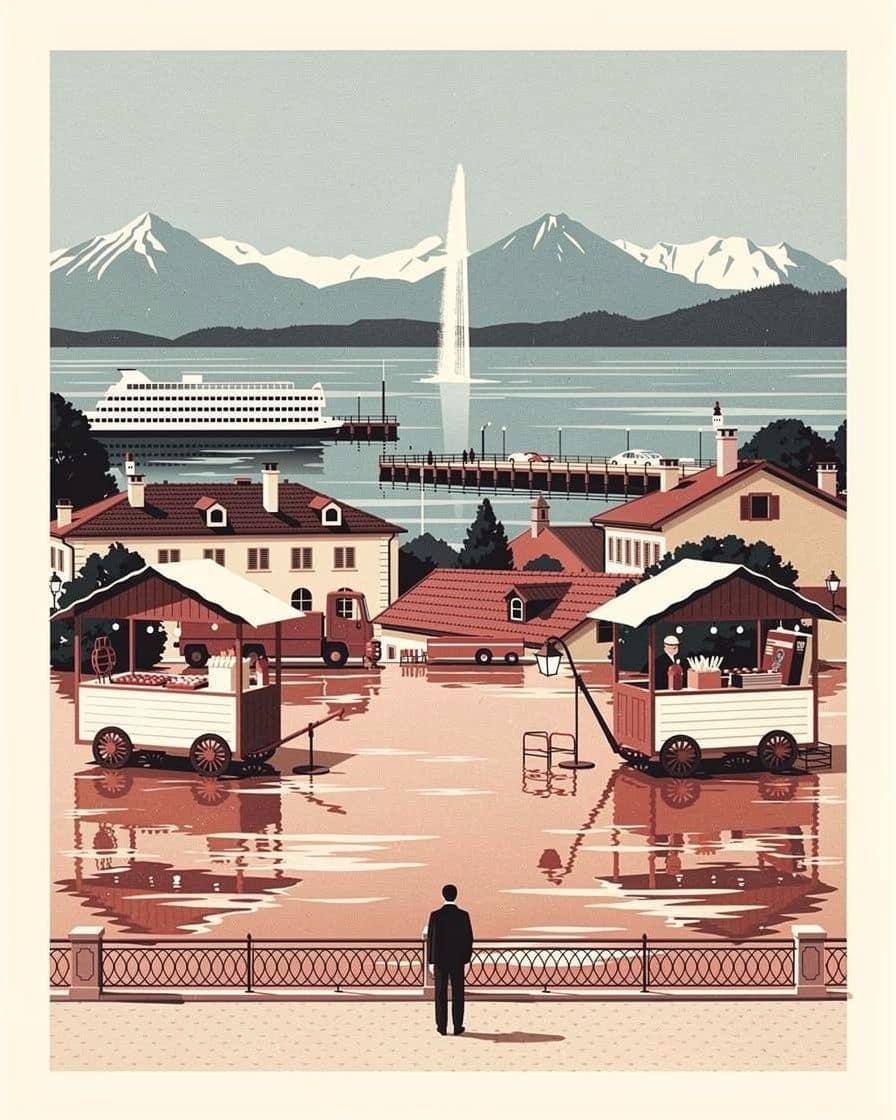 Illustration&nbsp;: des chalets de marché de Noël sur un quai au bord du lac, le Jet d'eau au loin