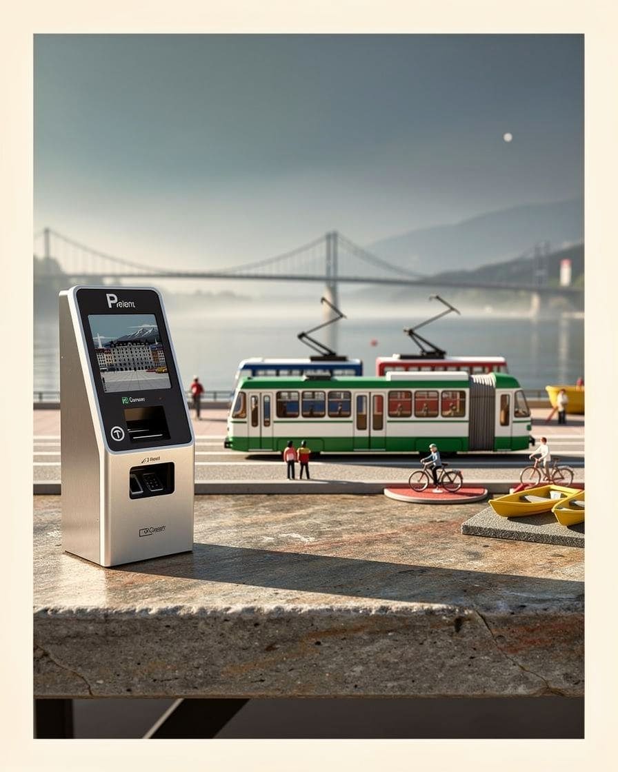 Illustration&nbsp;: une caisse automatique de parking, un tram qui passe au fond