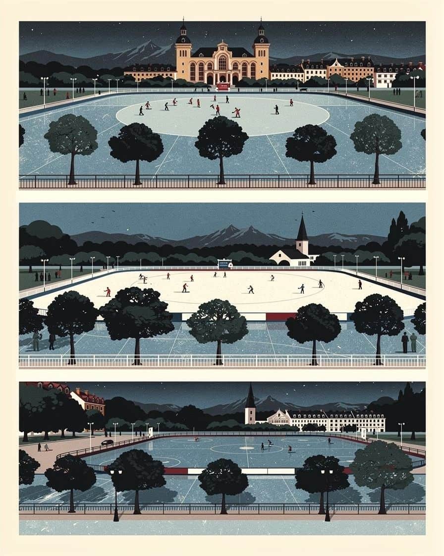 Illustration&nbsp;: une patinoire en plein air au pied de la vieille ville, en trois vues