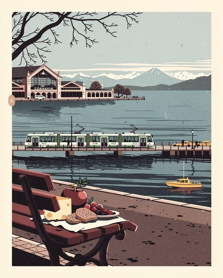 Illustration&nbsp;: un pique-nique de pain et de fromage sur un banc au bord du lac