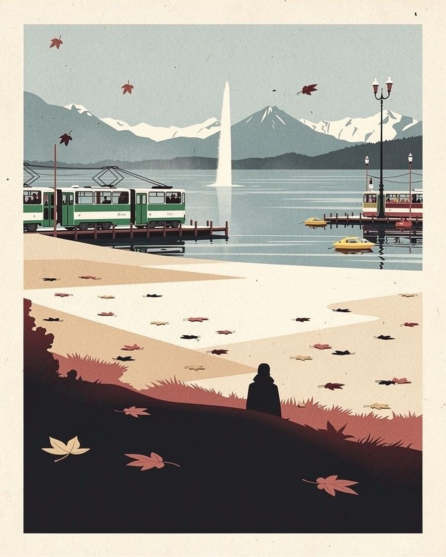 La plage des Eaux-Vives à Genève en été, baigneurs sur la rive du lac Léman avec le Jet d'eau au loin