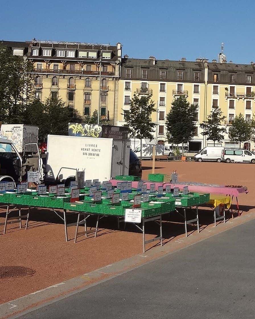 Les stands du marché aux puces de la plaine de Plainpalais à Genève, objets anciens et chineurs un samedi matin