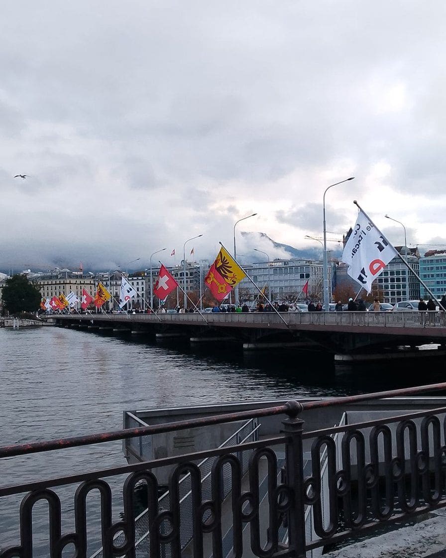 Le pont du Mont-Blanc à Genève, qui relie les deux rives à la sortie du lac, avec l'île Rousseau et le Rhône