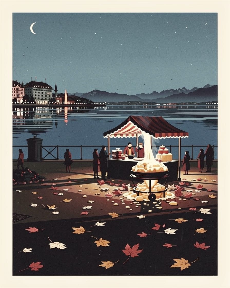 Illustration&nbsp;: un stand de raclette illuminé, le soir, au bord du lac