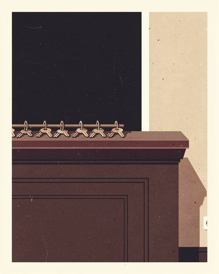 Illustration&nbsp;: le comptoir d'une réception d'hôtel, le soir