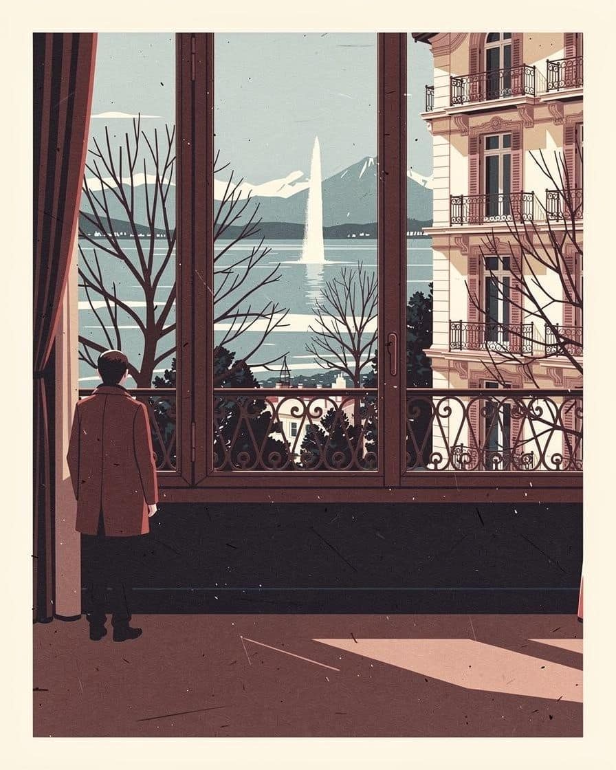 Illustration&nbsp;: un voyageur devant la fenêtre d'une suite, le Jet d'eau au loin