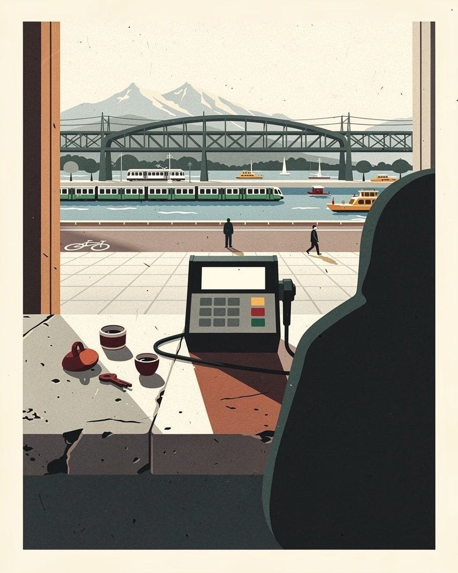 Illustration&nbsp;: un terminal de paiement par carte sur un comptoir, la ville en arrière